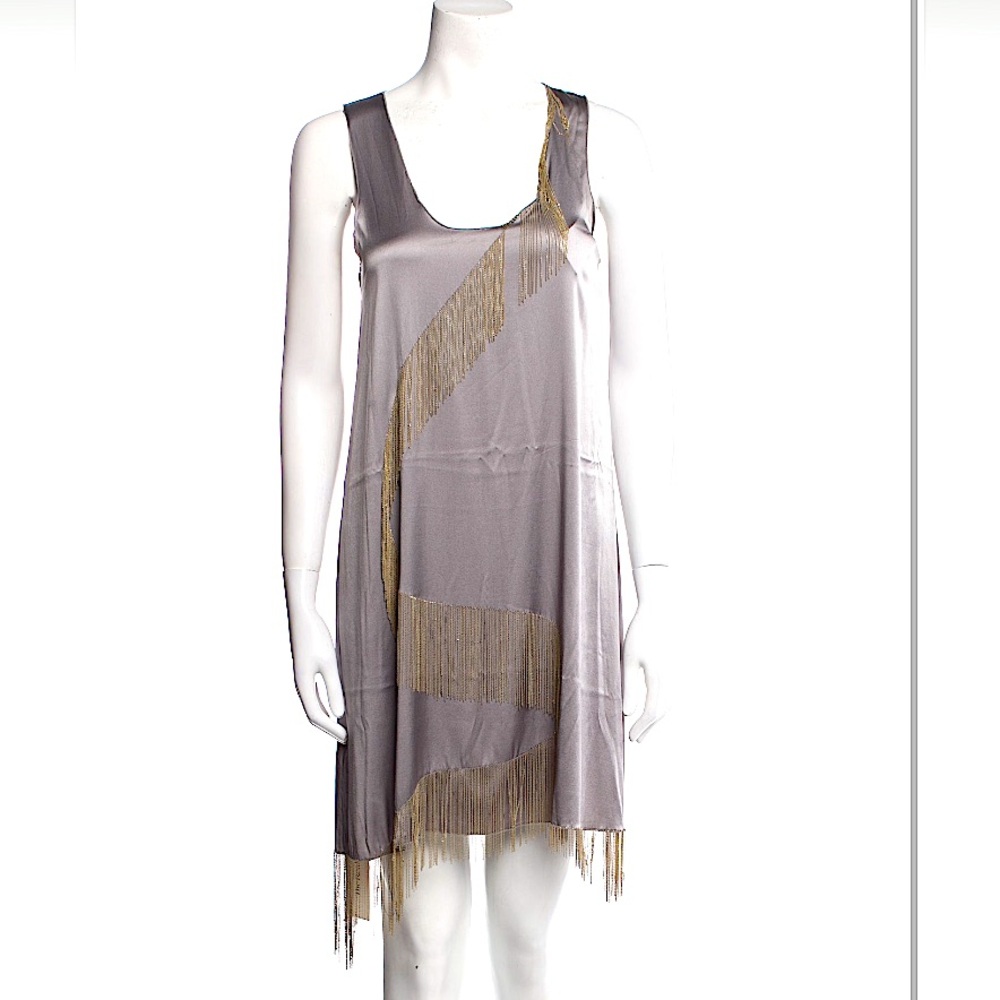 Slate silk gold chain fringe dress by Ranjana Khan - S, size 0-4